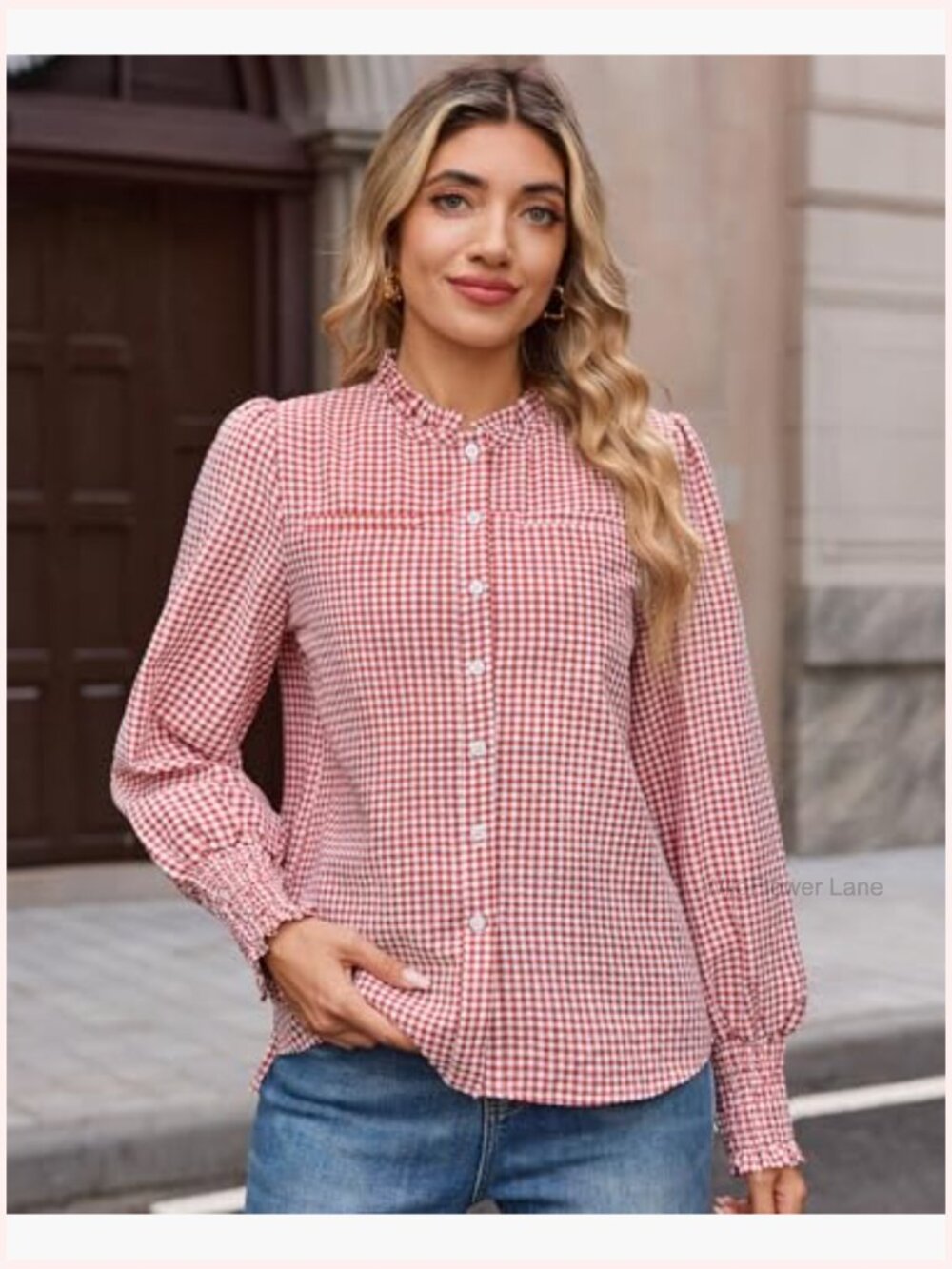 Women's Plaid Button Down Shirt Ruffle Neck Long Sleeve Blouse with Chest - Picture 5 of 7